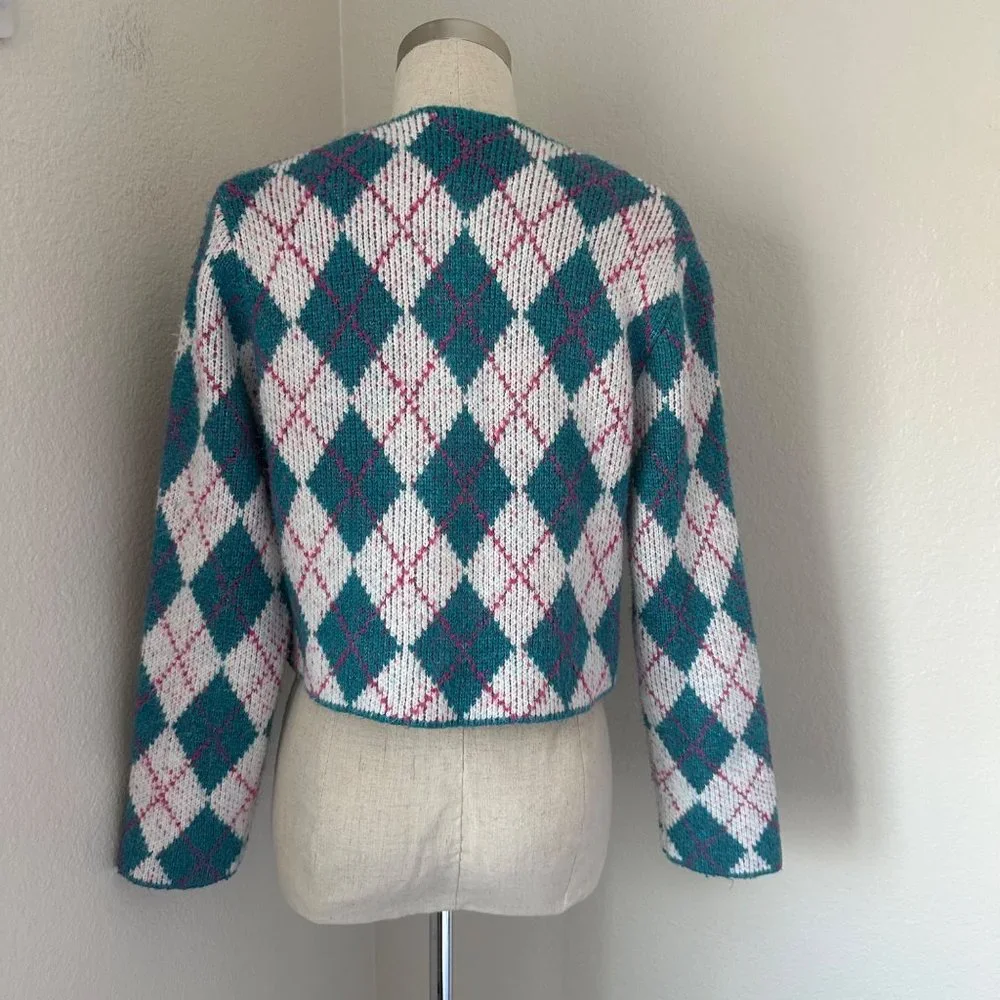 Zara Argyle Knit Jacquard Sweater Cardigan Round Neck Blue Color Sz S - Picture 5 of 8